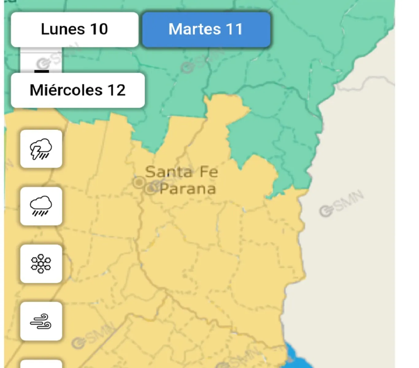 Se renovó la alerta amarilla por lluvias y tormentas para este martes y miércoles