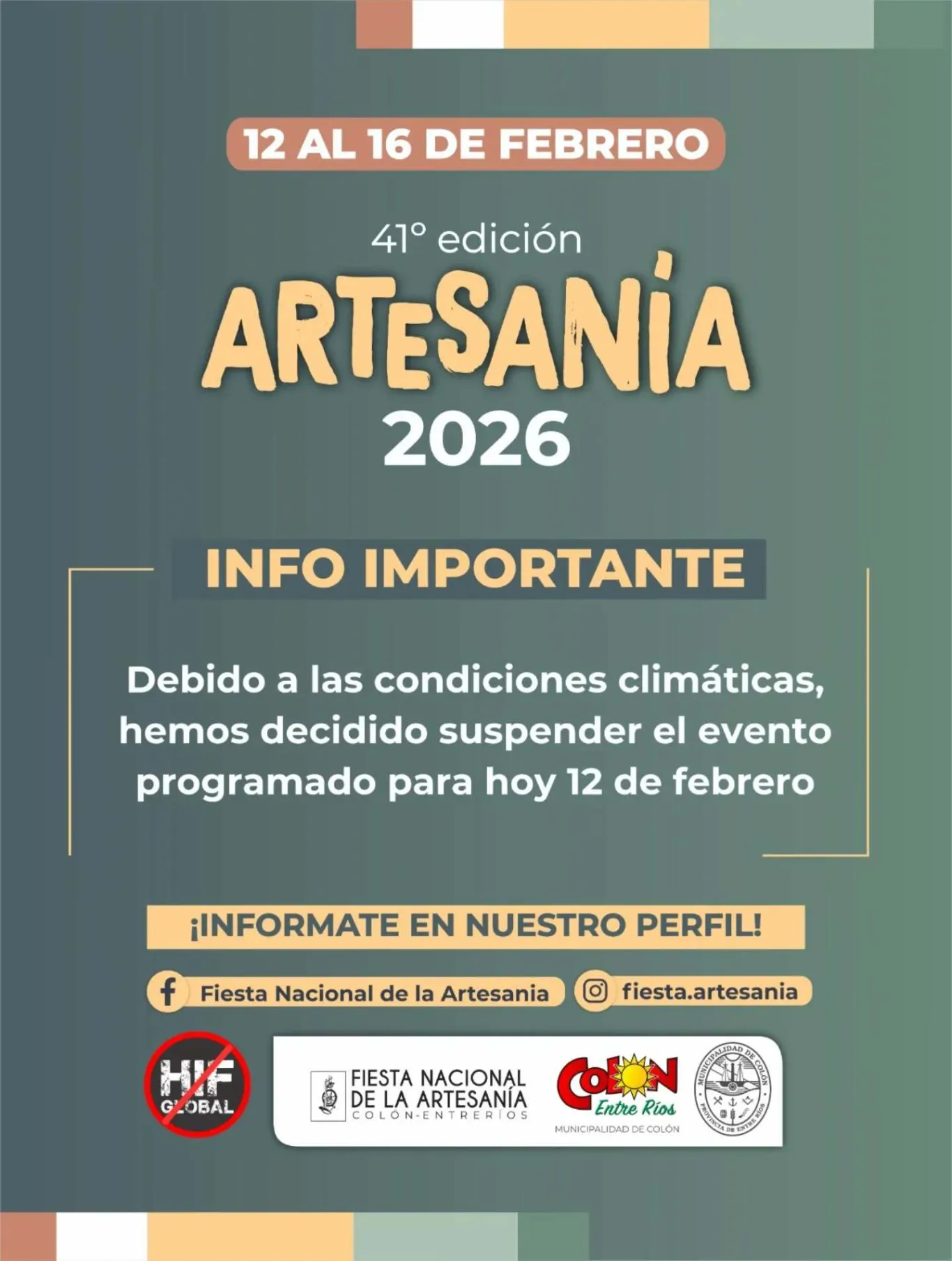 Suspensión de la jornada del jueves en la Fiesta Nacional de la Artesanía por lluvias