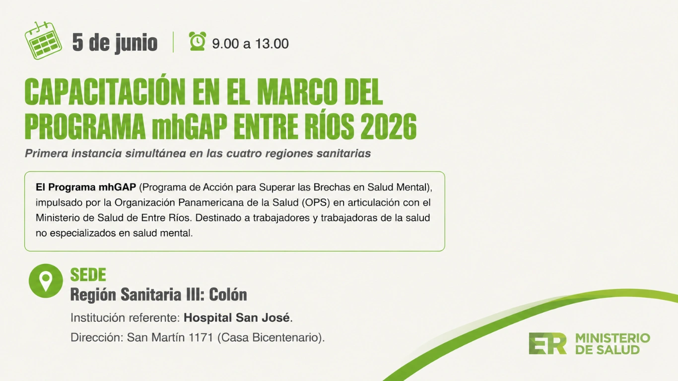 San José será sede de una capacitación provincial del programa mhGAP para fortalecer salud mental
