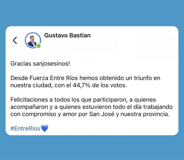 Papelón electoral en San José: el intendente kirchnerista Gustavo Bastian celebró un “triunfo” antes